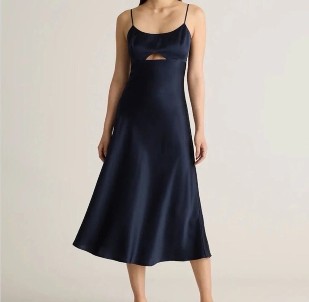 Quince 100% Washable Silk Cutout Midi Slip Dress Navy L NWT